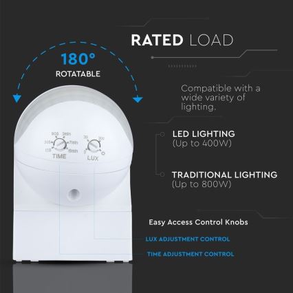 Détecteur de mouvement PIR 180° 800W/230V IP44 blanc