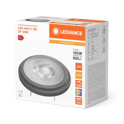 Dimmbare LED-Reflektorlampe AR111 G53/13,5W/12V 2700K 24° CRI 97 - Ledvance