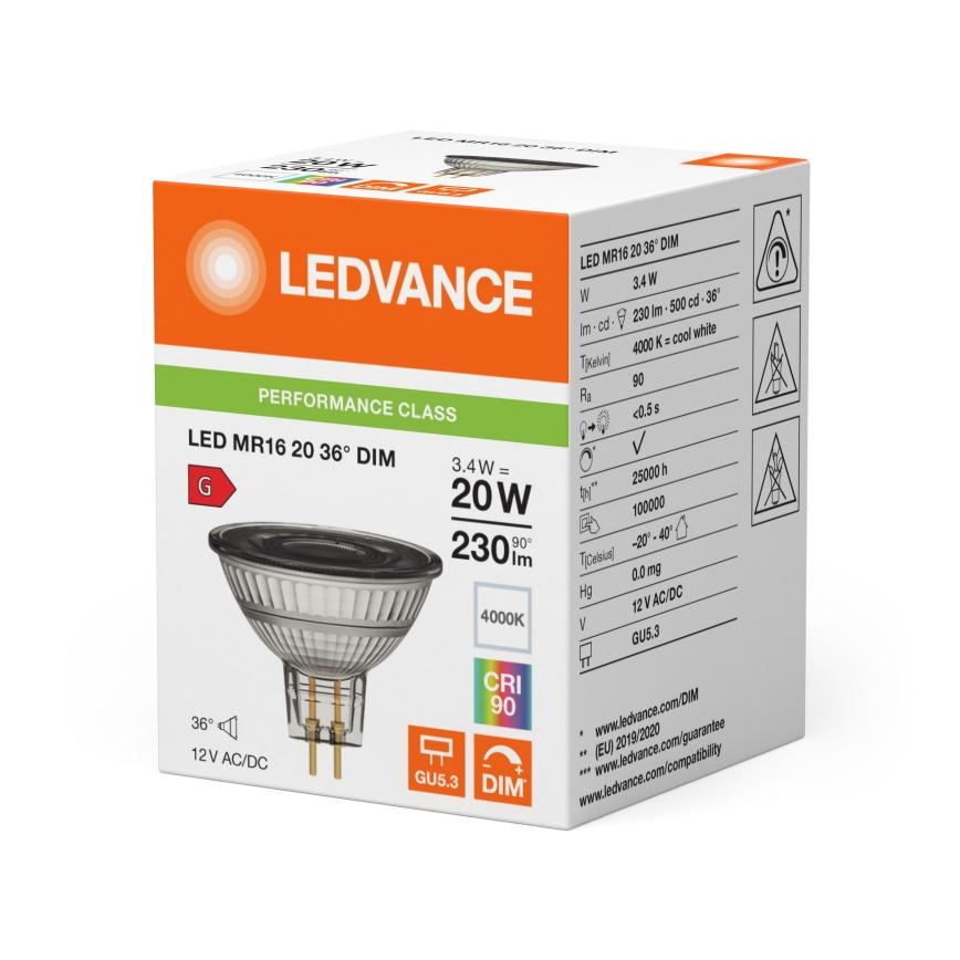 Dimmbarer LED-Reflektor MR16 GU5,3/3,4W/12V 4000K 36° CRI 90 - Ledvance