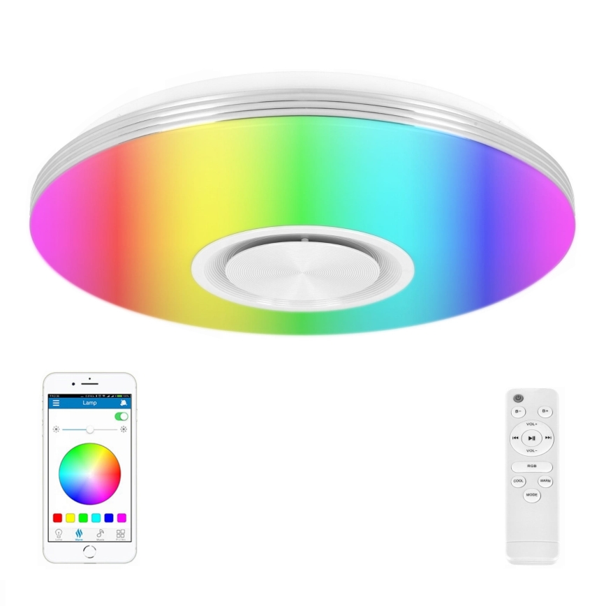 LED RGBW dimmbare Deckenleuchte mit integriertem Lautsprecher, LED/60W/230V, 3000–6000K, Ø 40 cm, Weiß + Fernbedienung
