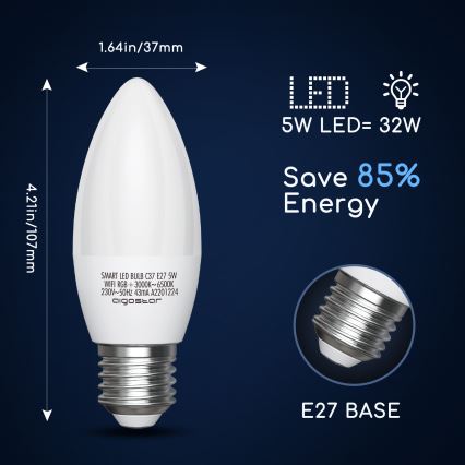 Dimmbare LED-RGBW-Lampe C37 E27/5W/230V 3000-6500K Wi-Fi - Aigostar