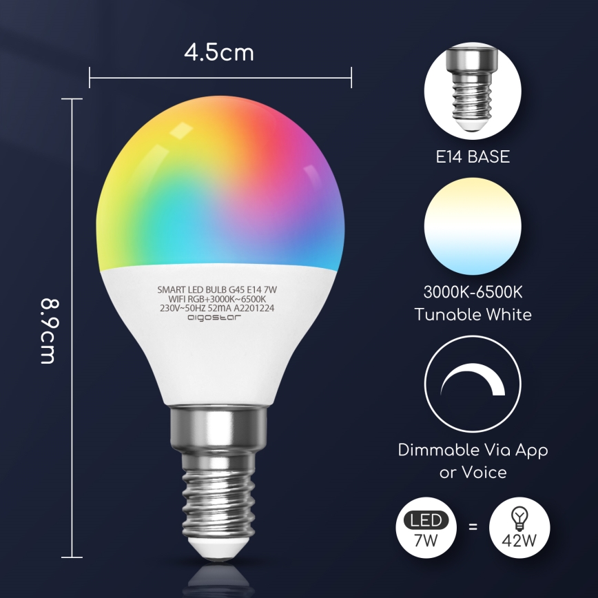Dimmbare LED-RGBW-Lampe G45 E14/7W/230V 3000-6500K Wi-Fi - Aigostar
