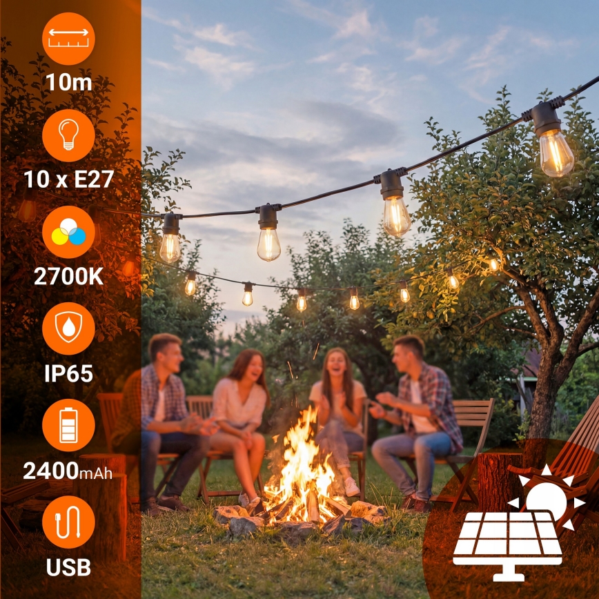 Dimmbare, solarbetriebene LED-Dekorations-Lichterkette 10xE27/0,3W/3/5V USB 2400 mAh 10,62 m IP65 schwarz + Fernbedienung