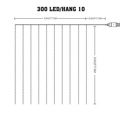 Dimmbarer LED-RGB-Weihnachtslichtervorhang WIZARD 300xLED/USB 3x3m + Fernbedienung