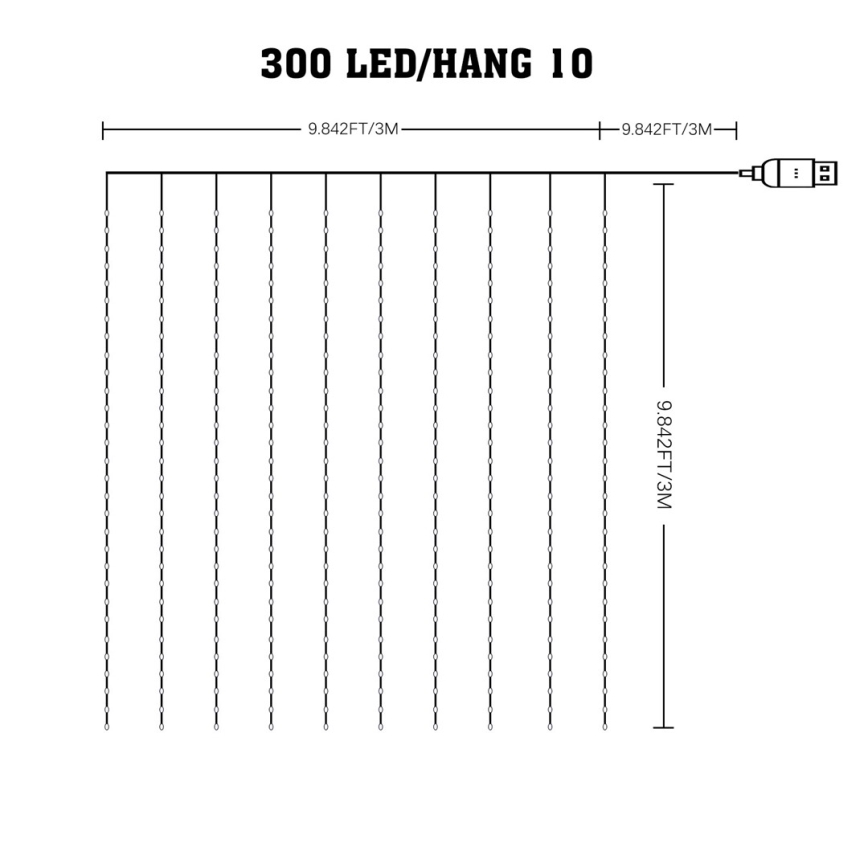 Dimmbarer LED-RGB-Weihnachtslichtervorhang WIZARD 300xLED/USB 3x3m + Fernbedienung