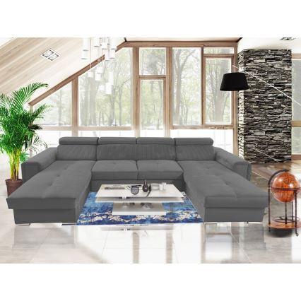 Divano letto angolare a U universale con contenitore SALVADA grigio scuro