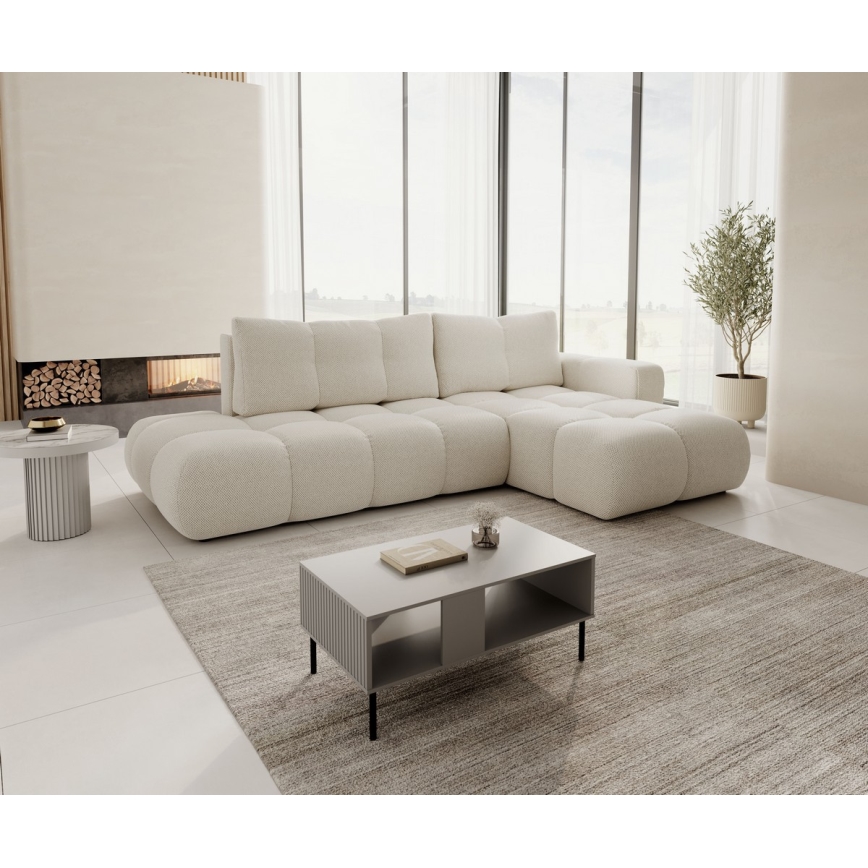 Divano angolare imbottito trasformabile con contenitore a L ALMADA, lato destro, beige chiaro