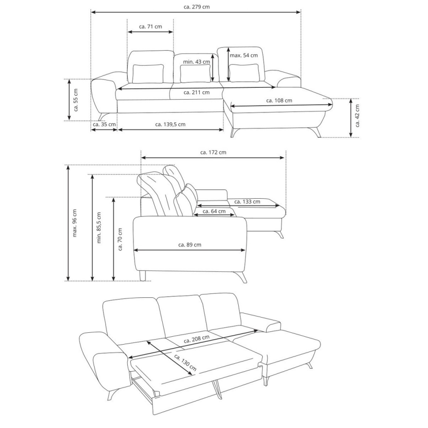 Divano letto angolare imbottito con contenitore a L ALTA, angolo destro, grigio