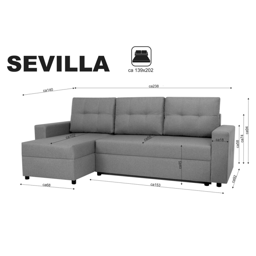 Divano angolare universale con funzione letto e contenitore SEVILLA antracite