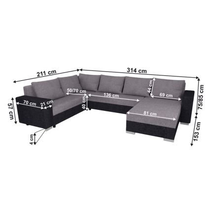 Divano letto angolare universale imbottito YORK grigio/nero