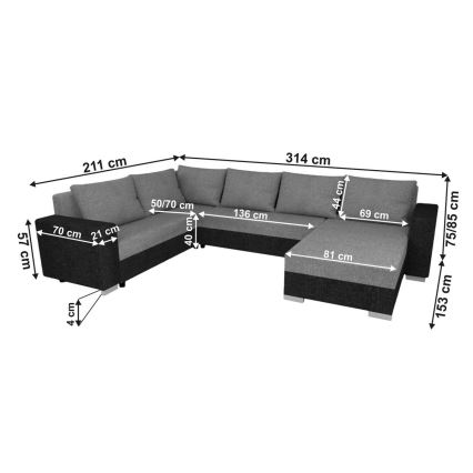 Divano letto angolare universale imbottito YORK bianco/grigio