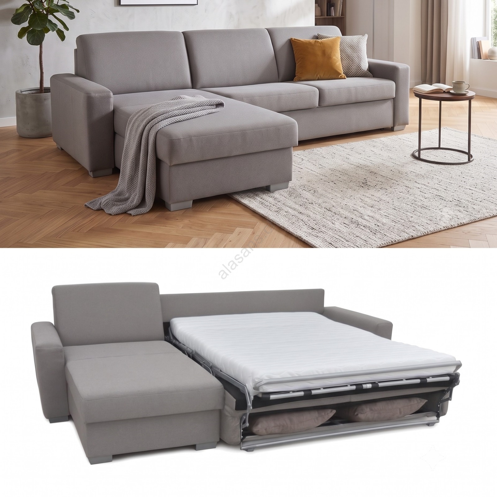 Eck-Schlafsofa LEKA links, grau, mit Stauraum, für den Alltag geeignet