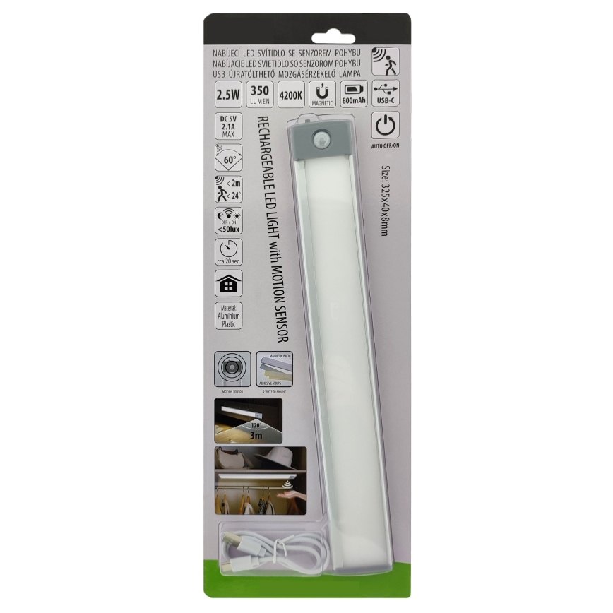 Éclairage de meubles rechargeable avec détecteur LED/2,5W/5V USB 800 mAh 4200K 32,5 cm