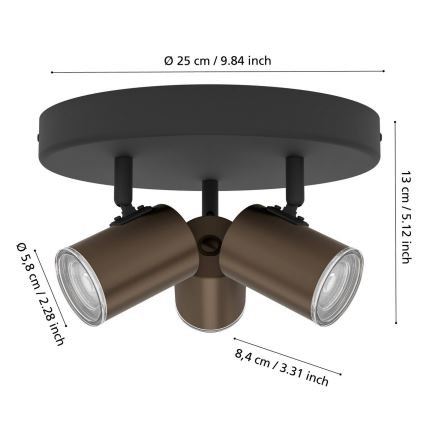 Eglo - Badezimmer-Deckenspot 3x GU10/5W/230V Ø 25 cm IP44 schwarz/braun