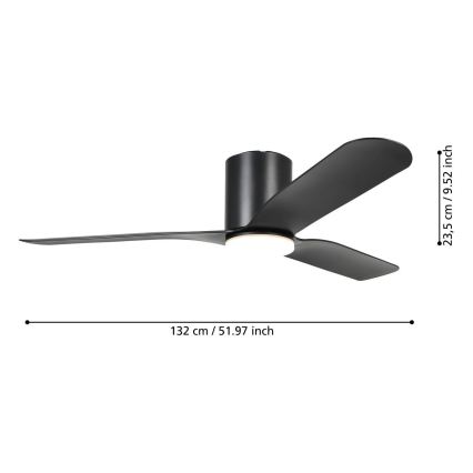 Eglo - Ventilatore da soffitto LED dimmerabile, 17W, 230V, 3000/4000/5000K, Ø132 cm, nero, con telecomando