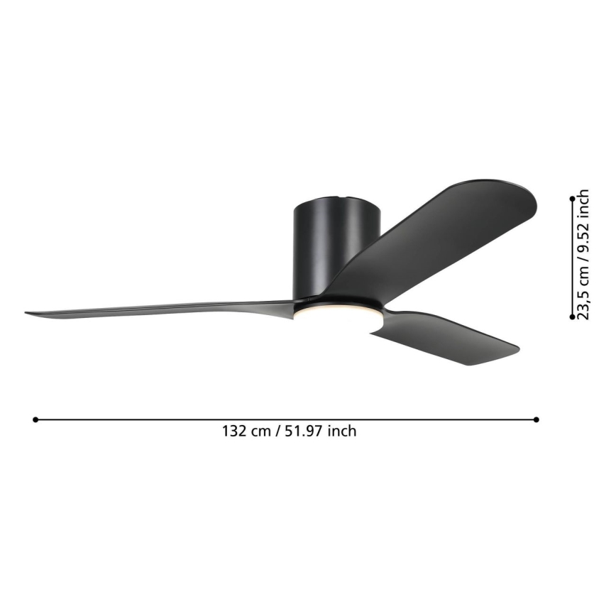 Eglo - Ventilatore da soffitto LED dimmerabile, 17W, 230V, 3000/4000/5000K, Ø132 cm, nero, con telecomando