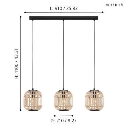 Eglo - Lampadario a sospensione con filo 3xE27/28W/230V