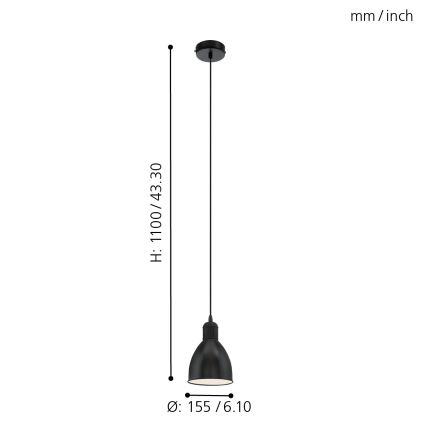 Eglo 55243 - Pendelleuchte PRIDDY mit Kabelaufhängung 1xE27/60W/230V schwarz