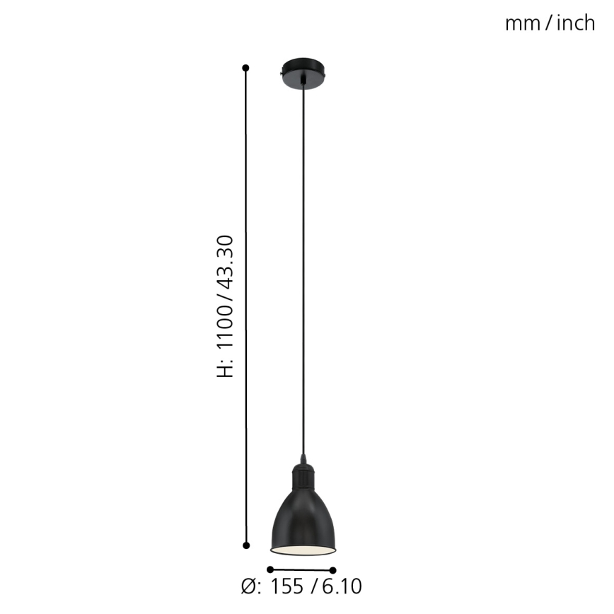 Eglo 55243 - Pendelleuchte PRIDDY mit Kabelaufhängung 1xE27/60W/230V schwarz