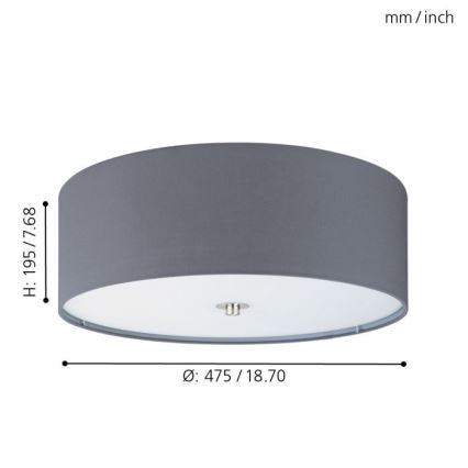 Eglo 55277 - Plafoniera PASTERI 3xE27/25W/230V Ø 47,5 cm grigia