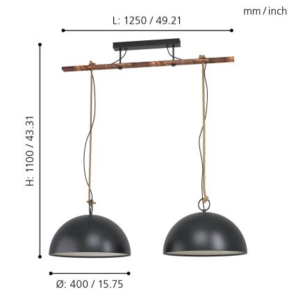 Eglo 78444 - Suspension filaire HODSOLL 2xE27/40W/230V noir/marron
