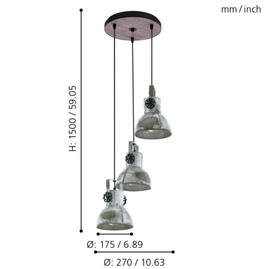 Eglo 79371 - Hängeleuchte BARNSTAPLE mit Kabelaufhängung, 3x E27/40W/230V, Braun/Patina