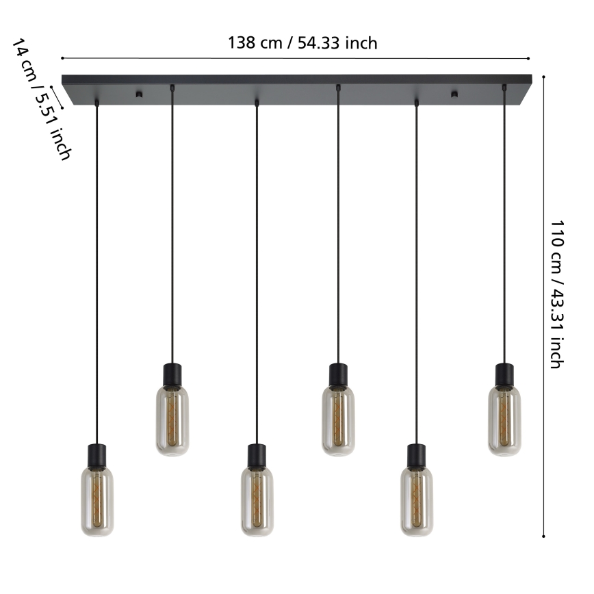 Eglo - Pendelleuchte mit Kabelaufhängung 6xE27/4W/230V schwarz/rauchglas