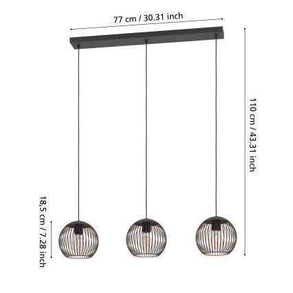 Eglo - Suspension sur câble 3xE27/60W/230V noire
