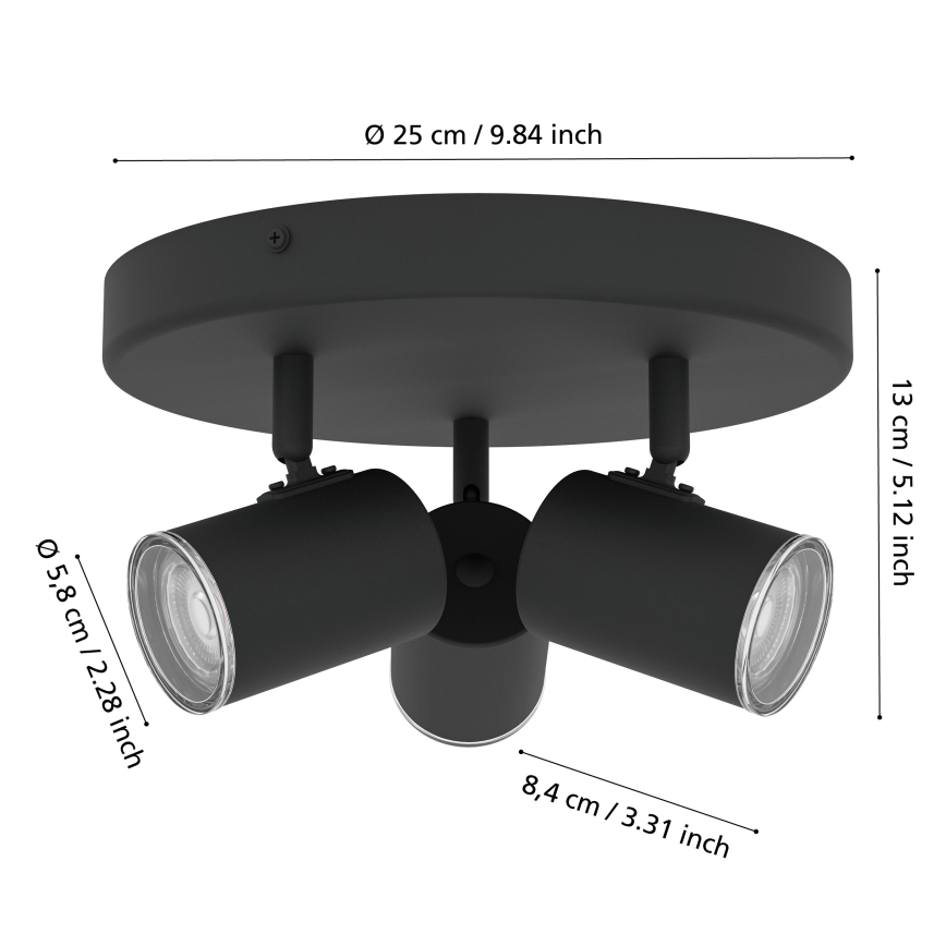 Eglo - Faretto da bagno 3xGU10/5W/230V Ø 25 cm IP44 nero