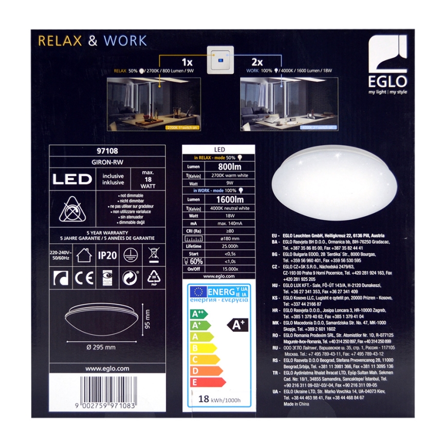 Eglo 97108 - LED Deckenleuchte GIRON-RW 1xLED/18W/230V 2700K-4000K