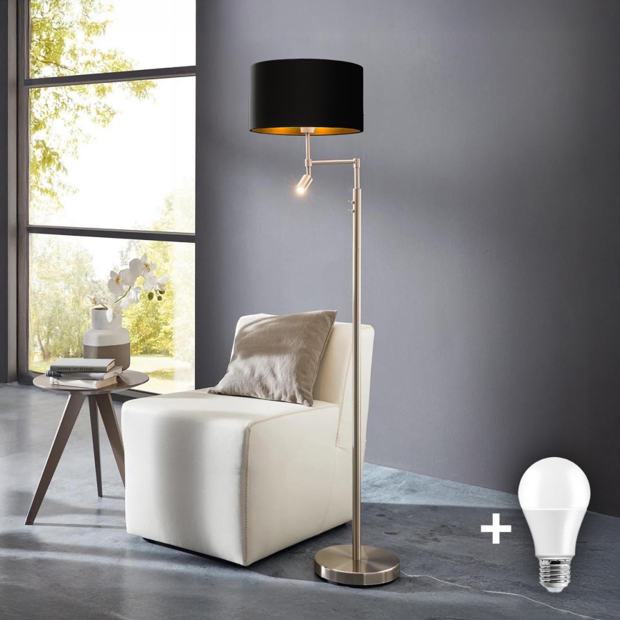 Eglo - Lampada LED da terra TUNJA 1xE27/60W/230V + LED/2,1W diametro 38 cm cromo opaco/nero