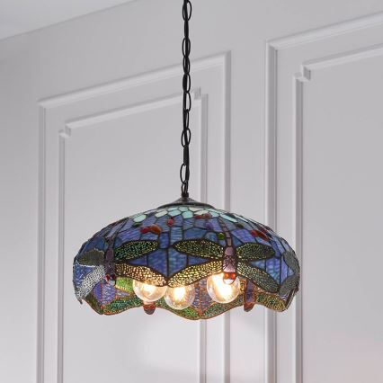 Endon 64080 - Tiffany-Kronleuchter an Kette DRAGONFLY 3xE27/60W/230V Ø 41 cm