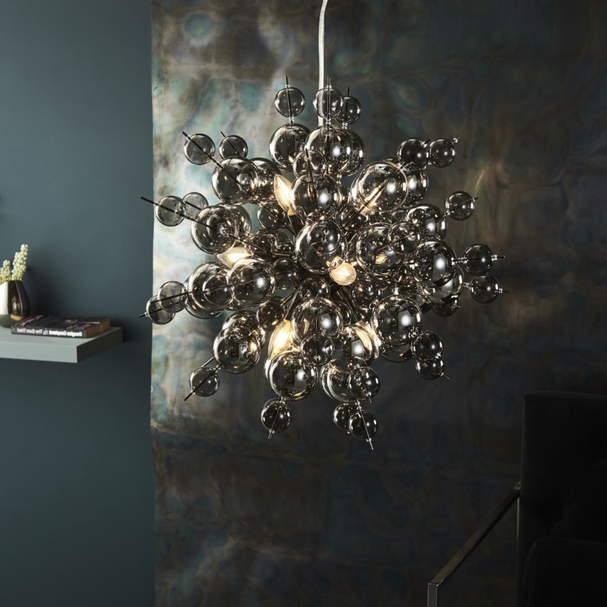Endon 81583 - Hängeleuchte mit Kabel JOULES 9xE14/7W/230V glänzender Chrom/rauchfarbenes Glas