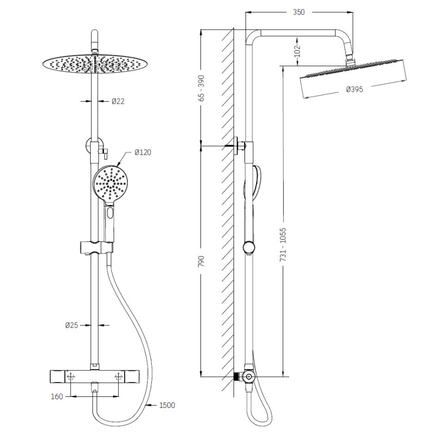 Ensemble de douche avec mitigeur thermostatique DRAGOR, chrome brillant
