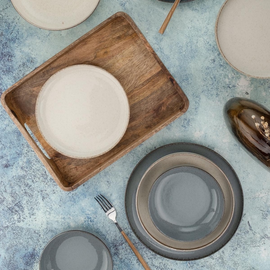 Ensemble de vaisselle 16 pièces, gris/beige, en porcelaine