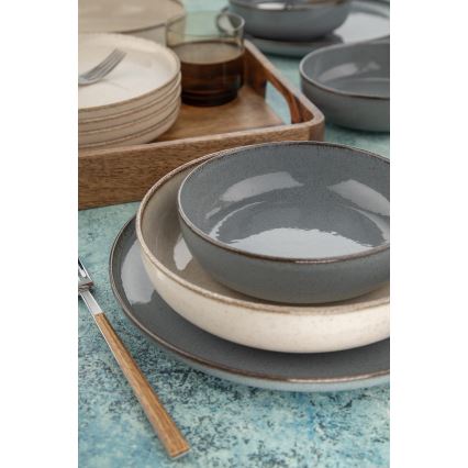 Ensemble de vaisselle 16 pièces, gris/beige, en porcelaine