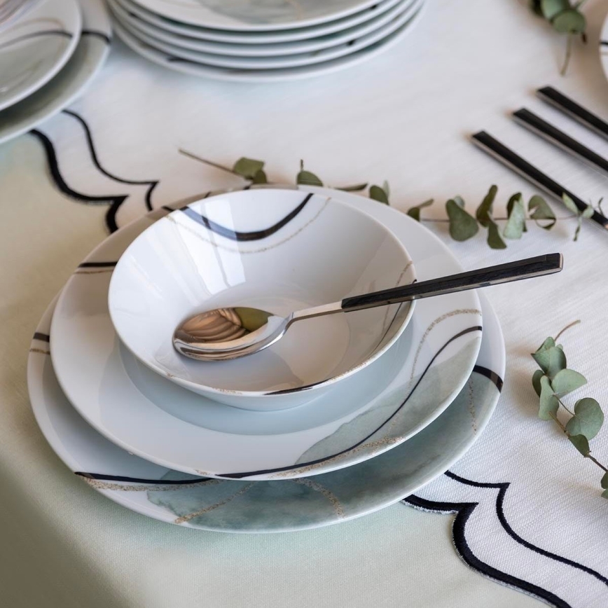 Ensemble de vaisselle 24 pièces en porcelaine — gris et vert