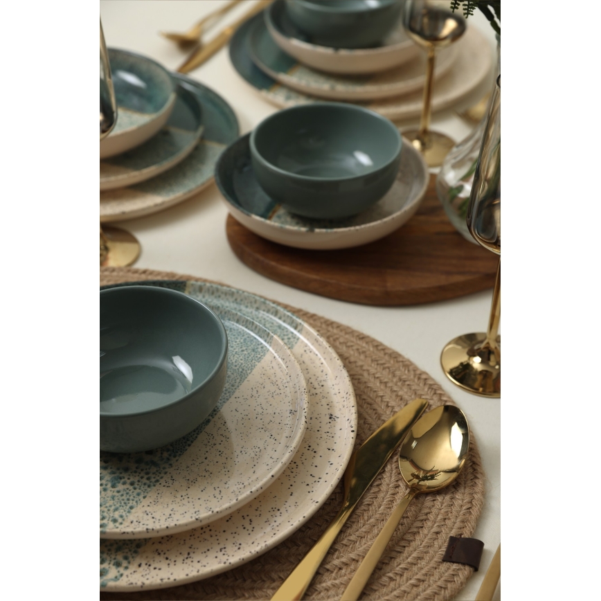 Ensemble de vaisselle 24 pièces turquoise/crème en grès