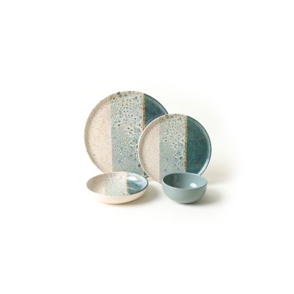 Ensemble de vaisselle 24 pièces turquoise/crème en grès