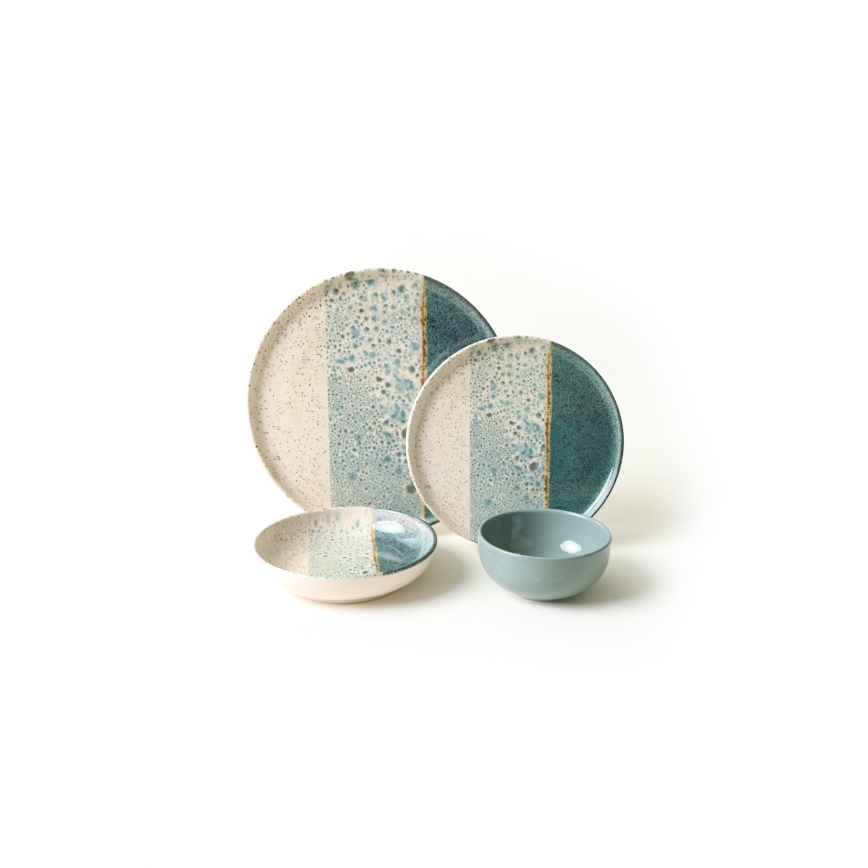 Ensemble de vaisselle 24 pièces turquoise/crème en grès