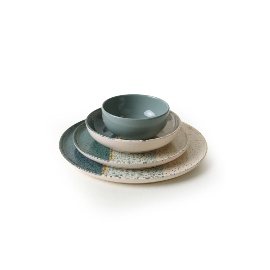 Ensemble de vaisselle 24 pièces turquoise/crème en grès