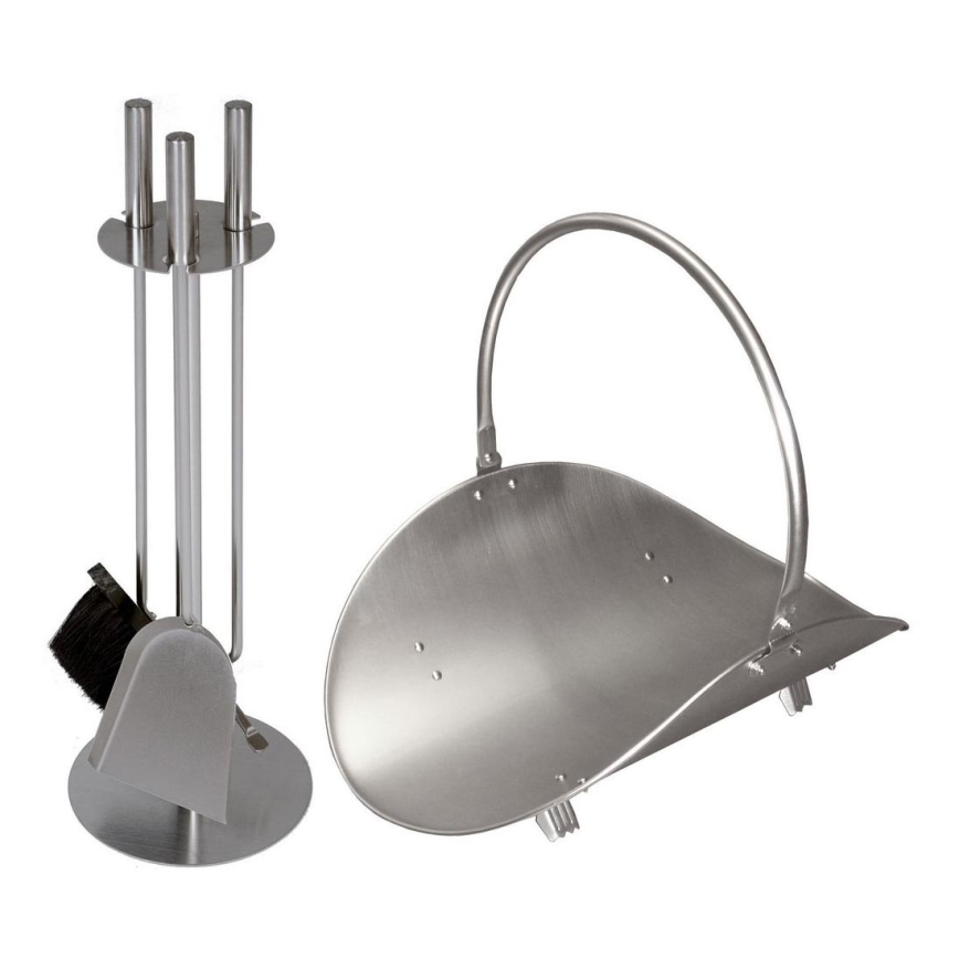 Ensemble d'outils de cheminée et panier à bois avec poignet 5 pce chrome mat