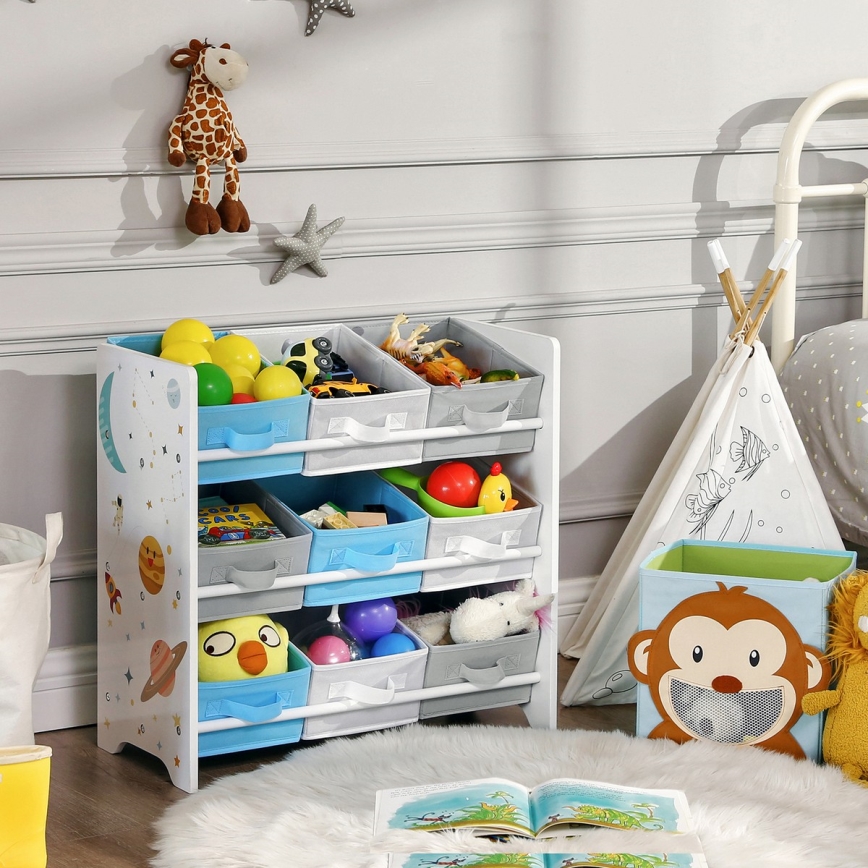 Étagère de rangement pour enfants avec boîtes en tissu ANET bleu/blanc
