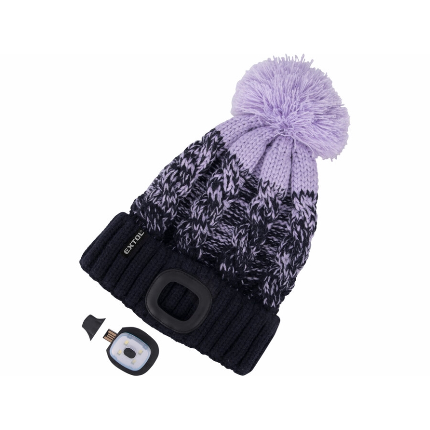 Extol - Berretto con lampada frontale ricaricabile via USB (batteria 300 mAh), blu/viola con pompon, taglia unica