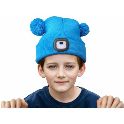 Extol - Berretto con lampada frontale ricaricabile via USB 250 mAh, blu con pompon, per bambini