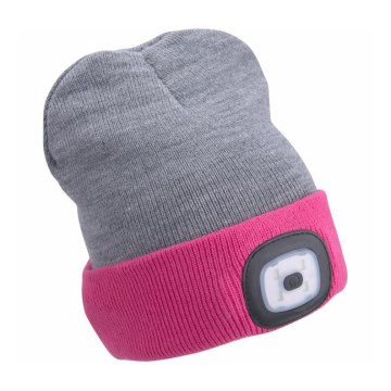 Extol - Bonnet avec lampe frontale intégrée, rechargeable par USB (300 mAh), gris/rose, taille unique