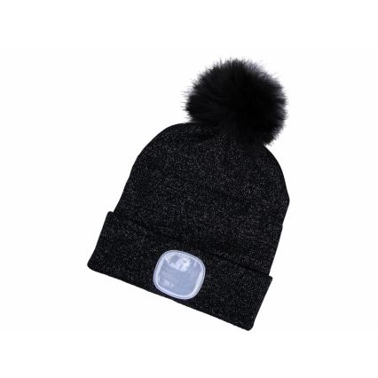 Extol - Bonnet équipé d'une lampe frontale rechargeable par USB (batterie 300 mAh), noir avec pompon, taille unique