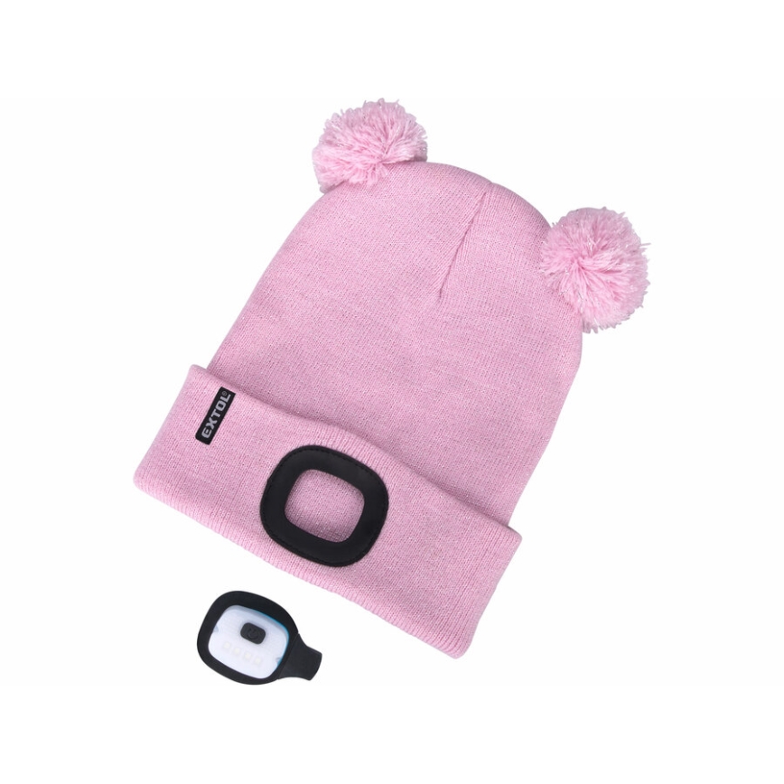 Extol - Bonnet pour enfant avec lampe frontale rechargeable par USB (250 mAh), rose à pompons