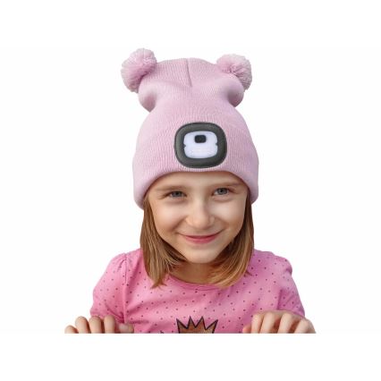 Extol - Cappello con lampada frontale integrata, batteria 250 mAh ricaricabile via USB, rosa con pompon, taglia per bambini