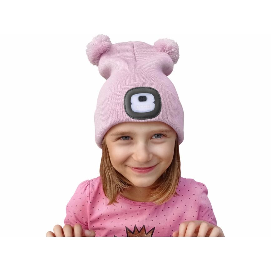 Extol - Cappello con lampada frontale integrata, batteria 250 mAh ricaricabile via USB, rosa con pompon, taglia per bambini